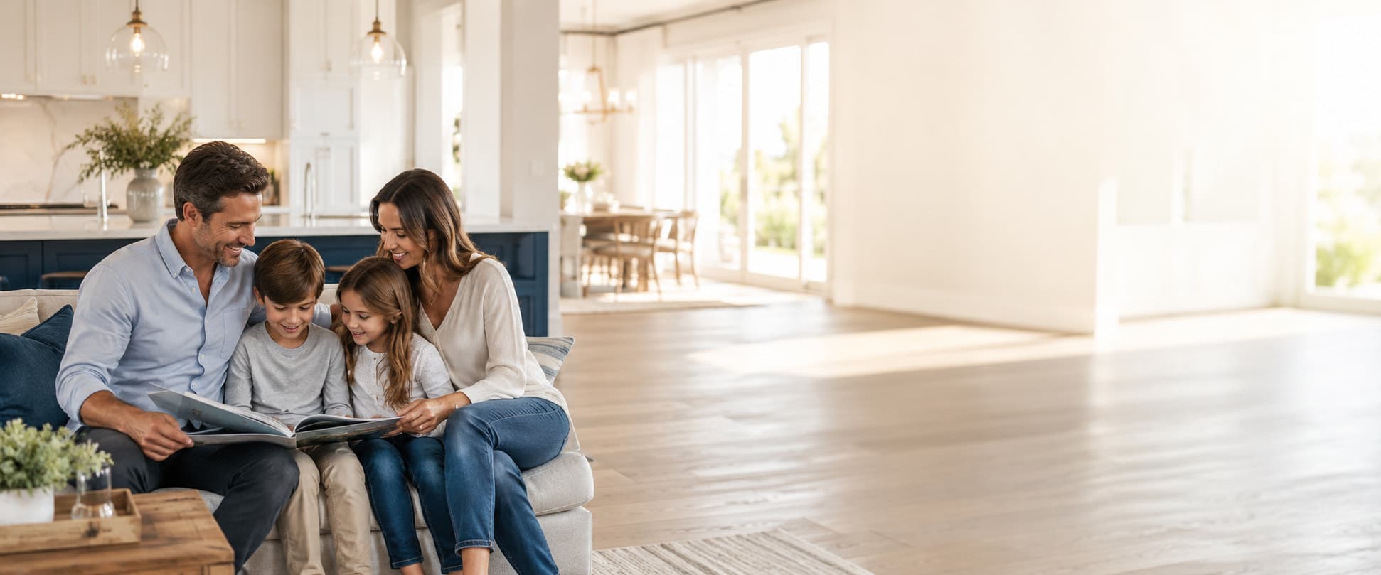 Family relaxing together in their home — compare private health insurance plans for your family