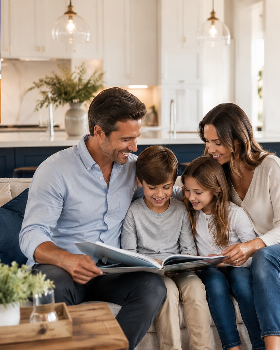 Family relaxing together in their home — compare private health insurance plans for your family